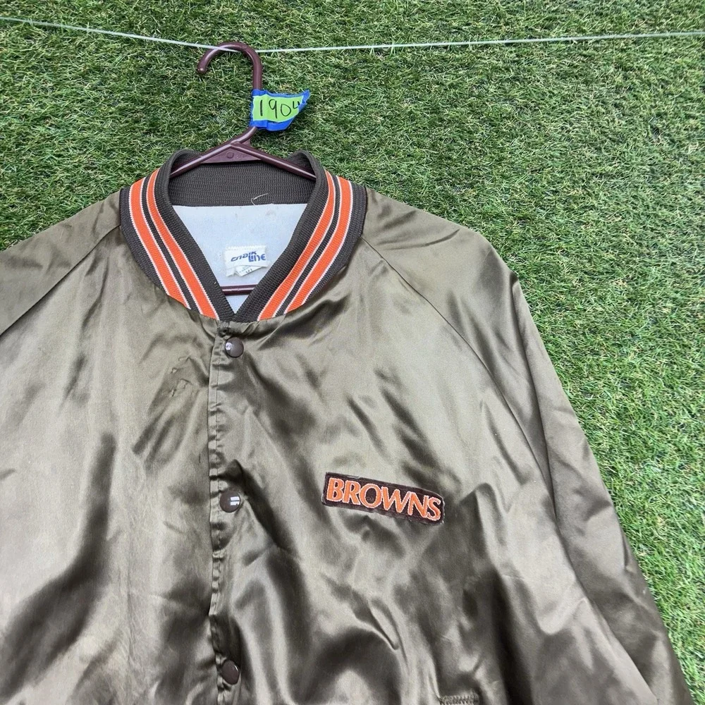 Vintage Cleveland Browns Chalk Line Satin Jacket Mens XL Brown Snap Close 90s